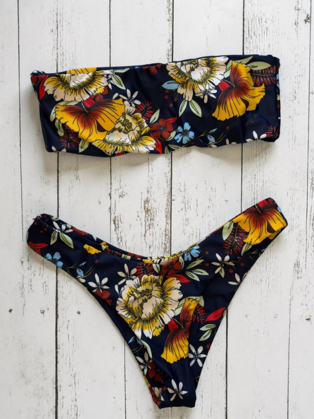Zaful Floral Bikini Set Navy Yellow Tropical High Cut Size Small (US 4)
